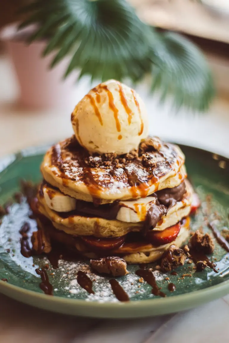 Scrolla de panquecas com banana, chocolate, sorvete e calda de caramelo, decorada com frutas e açúcar de confeiteiro