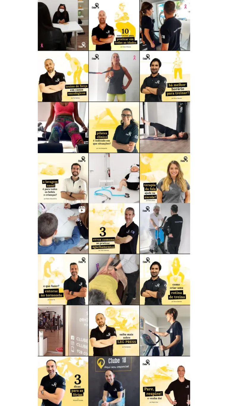 Colagem de fotos relacionadas a saúde, exercícios físicos e bem-estar, com textos sobre práticas para todas as idades,...
