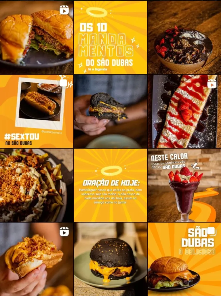 Várias comidas típicas e uma placa com o texto 'Os 10 Mandamentos do São Dubas' em destaque, além de imagens de...