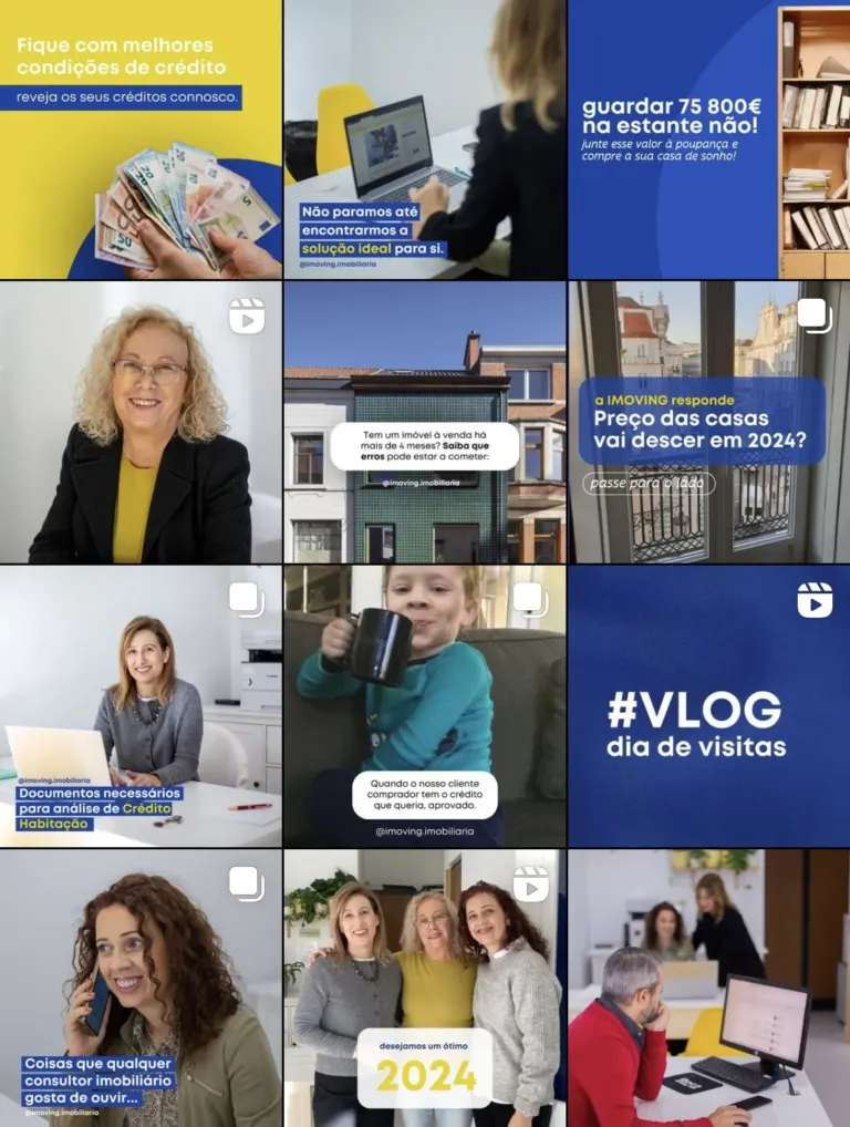Coleção de imagens relacionadas ao setor imobiliário com mensagens sobre mercado, financiamentos e visitas em 2024....
