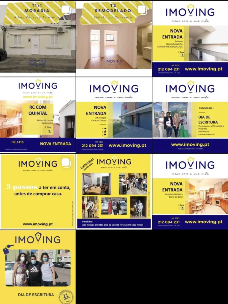 Conjunto de anúncios imobiliários do IMOVING, promovendo imóveis residenciais com várias imagens de interiores e...