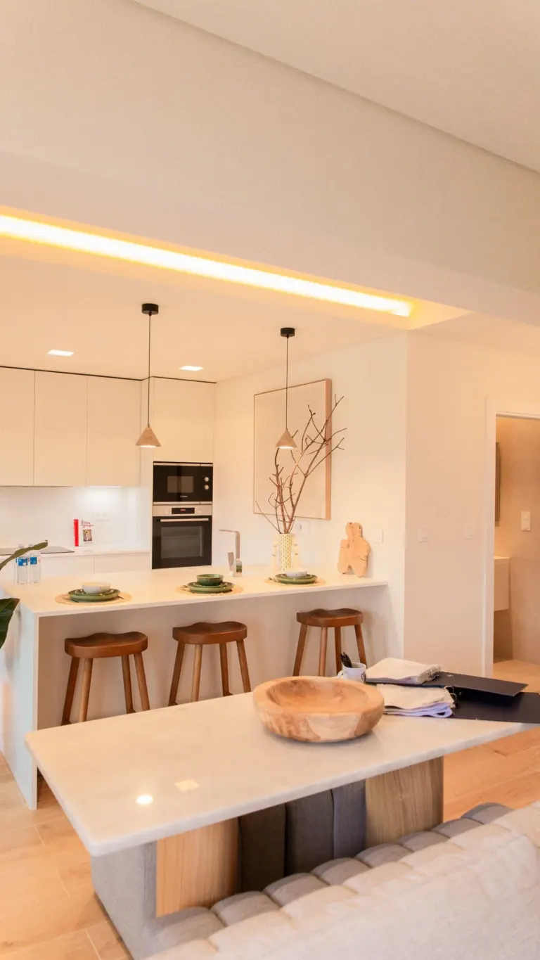 Cozinha moderna com ilha central, três banquetas de madeira, paredes brancas, utensílios de cozinha e decoração simples.