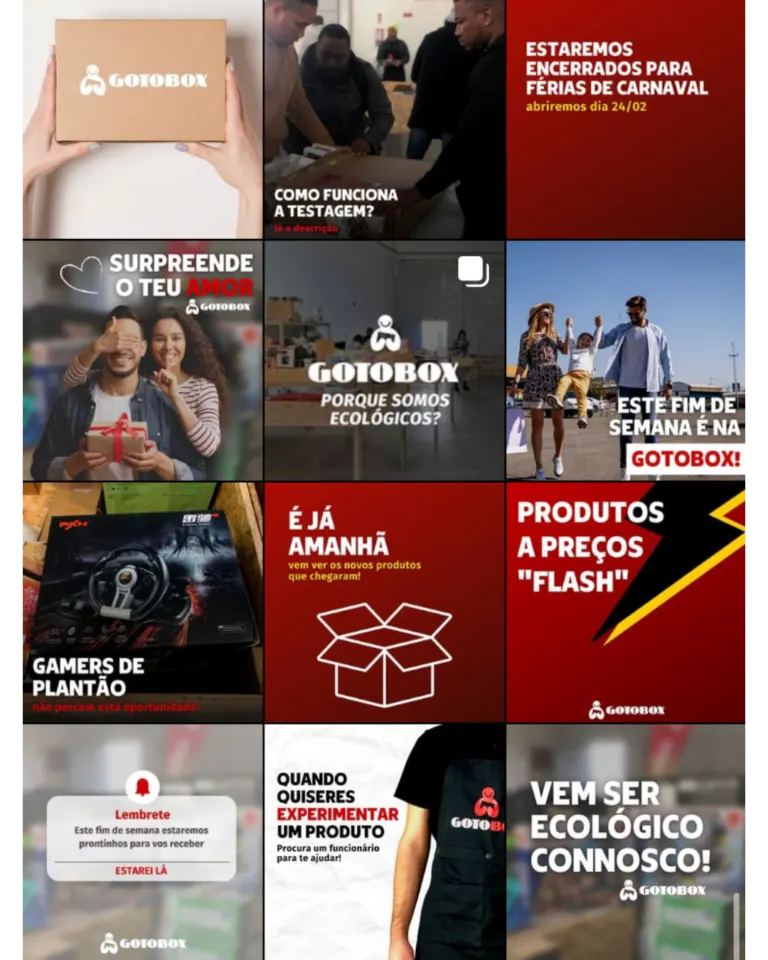 Coleção de postagens promocionais da empresa GOTOBX, incluindo informações sobre fechamento para o Carnaval, lançamento...