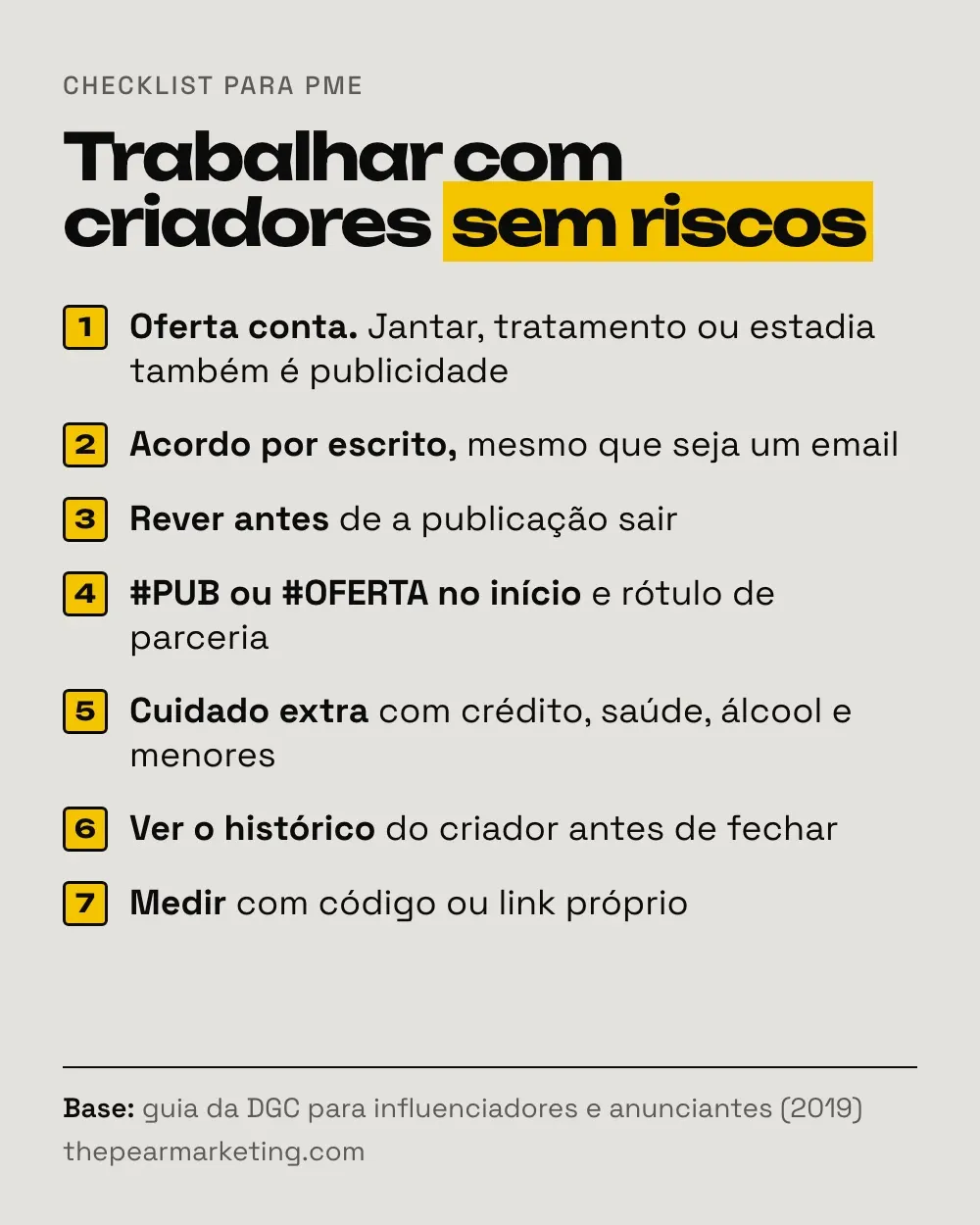 Checklist para PME que trabalham com influenciadores: tratar ofertas como publicidade, acordo por escrito, rever antes de publicar, identificar no início, cuidado em setores sensíveis, medir com código próprio