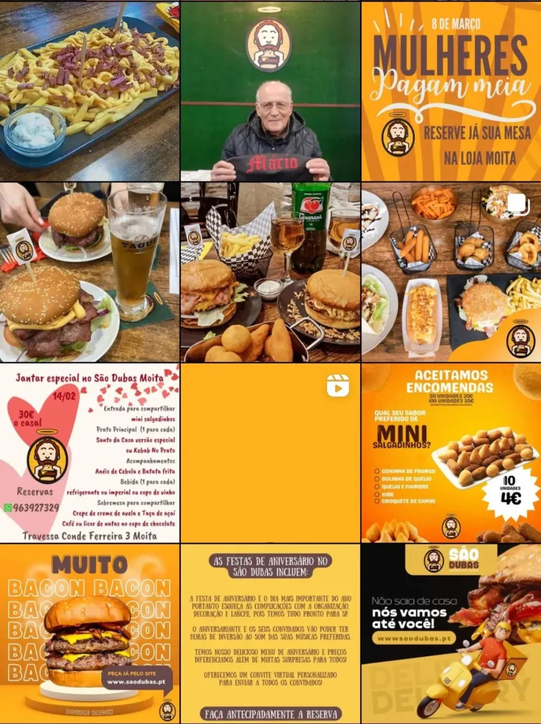 Colagem de várias fotos e anúncios de comida, incluindo hambúrgueres, porções de batata, aves, pratos com alimentos,...