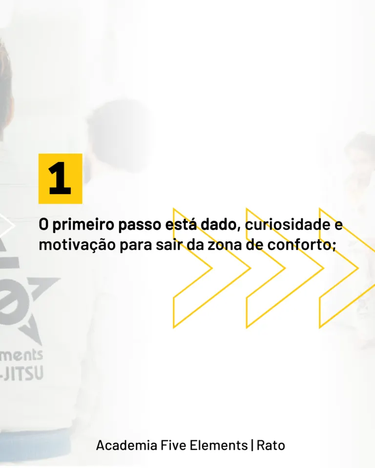 Texto com o número 1 e a frase 'O primeiro passo está dado, curiosidade e motivação para sair da zona de conforto', com...
