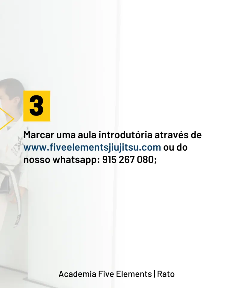 Slide com informações para marcar uma aula introdutória na academia Five Elements. Inclui o número 3 em destaque, o site...